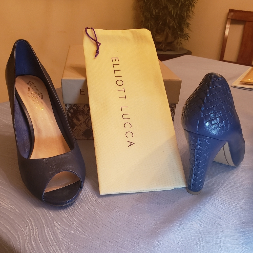 Elliott Lucca "Andrea" Woven Back Peep Toe Leather Heels